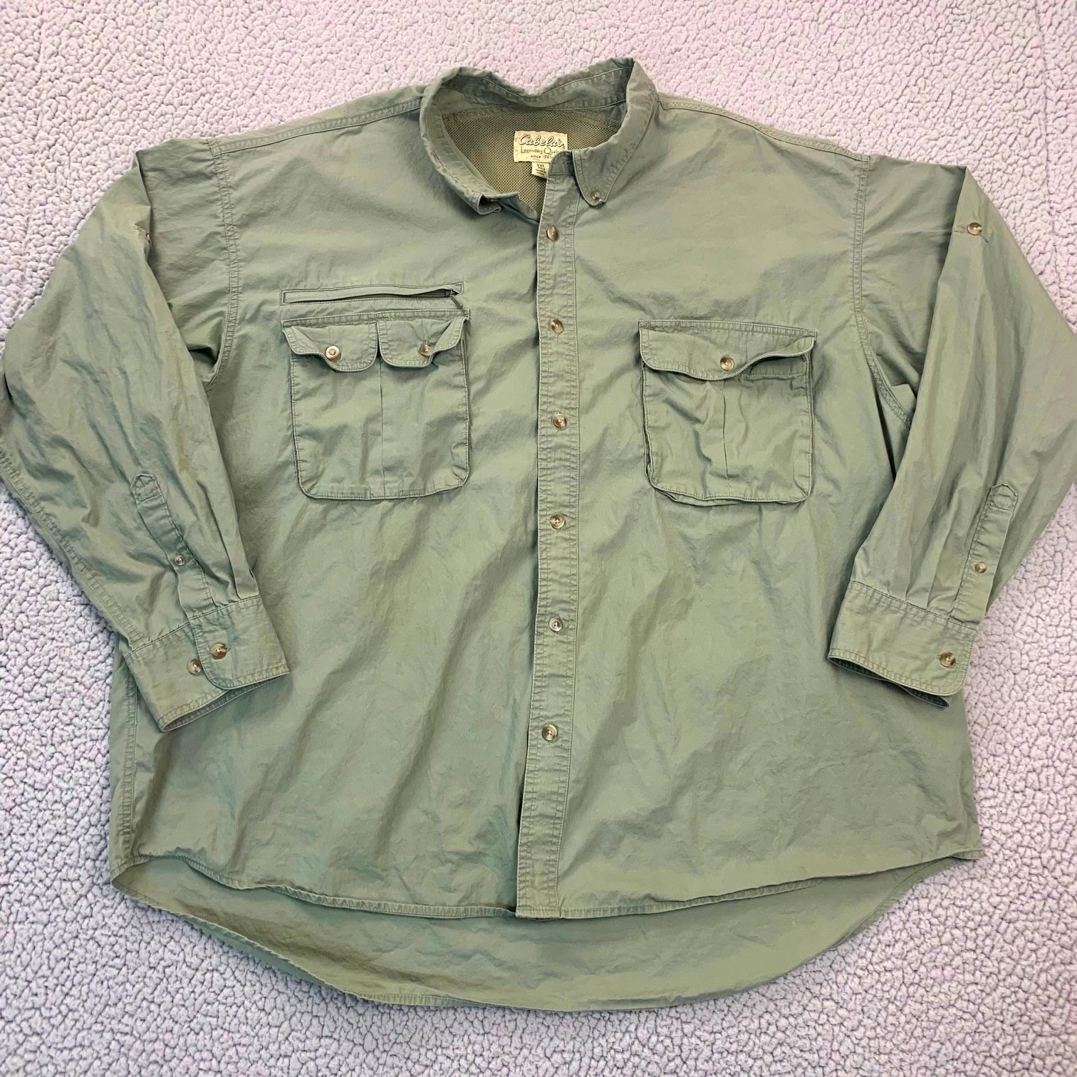 Cabela's Fishing Shirt Mens 3xl Green Cotton Mesh Back Vented Long Sleeve